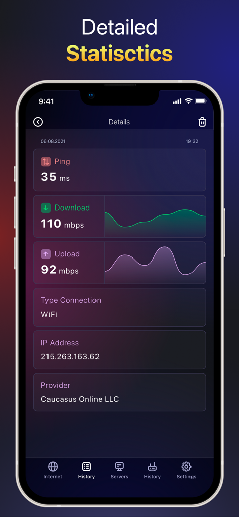 Una pantalla de aplicación móvil que muestra estadísticas detalladas de la conexión a Internet, incluido ping, velocidad de descarga, velocidad de carga y dirección IP.