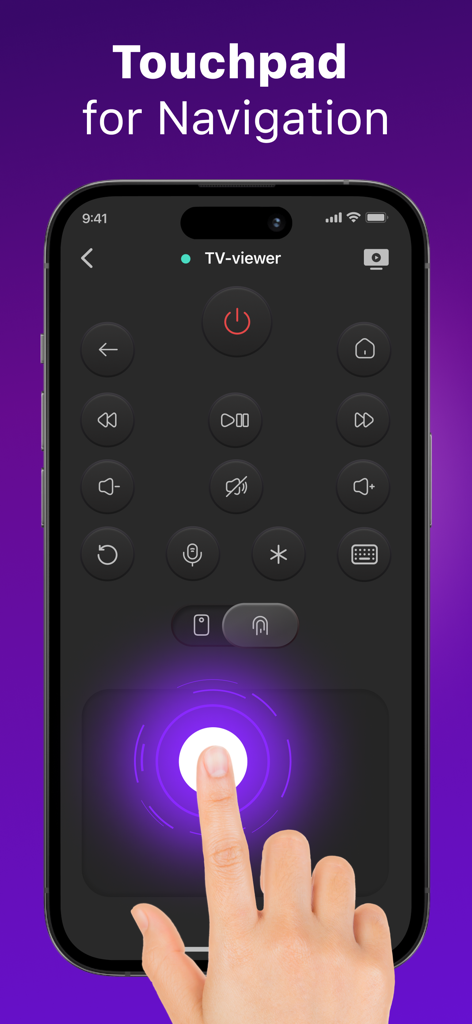 iPhone screen displaying the Remote Control for Ro-TV app featuring a large touchpad for menu and content navigation