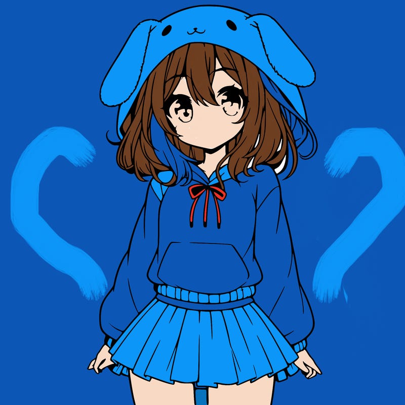 pretty anime girl wearing a fluffy hoodie with bunny ears on the hood and a skirt