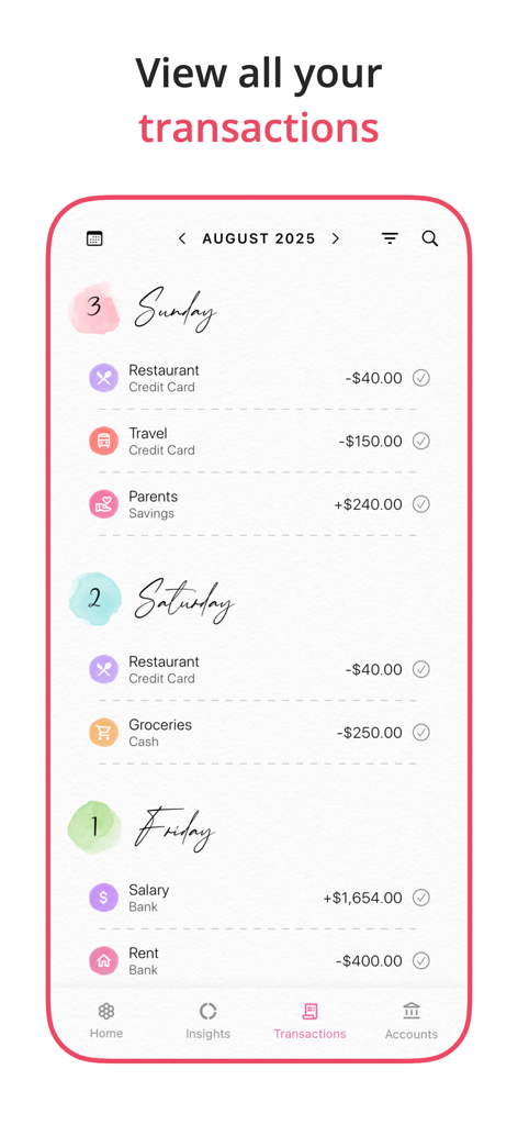 Aesthetic transaction history in Fleur budget app with handwritten fonts and pastel colors
