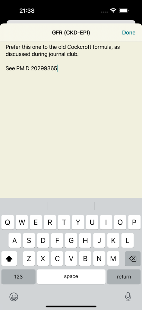 A medical professional adding personal clinical notes and references to a specific formula in the MedCalX app interface.