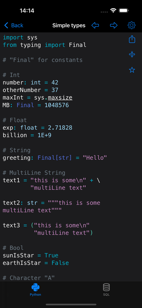 Recetas de código Python para tipos de datos simples en la aplicación Python y SQL Pro.