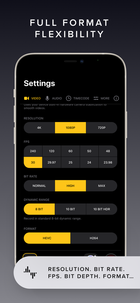 Interface of REC Pro Video Camera app showing manual settings for resolution, frame rate, bit rate, and dynamic range.