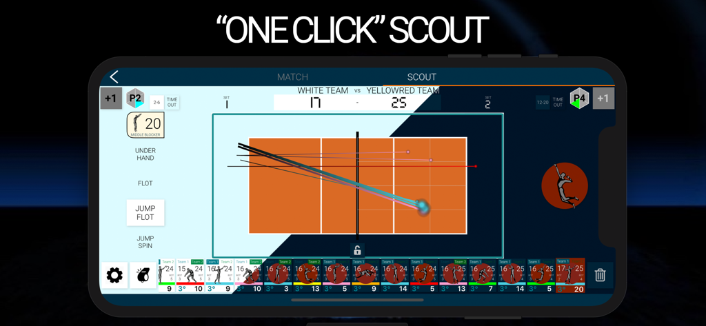 NS Volley Scout PRO - Volleyball match scouting interface with ball trajectory analysis on the NS Volley Scout PRO app.