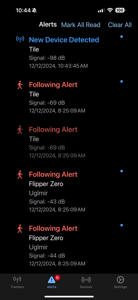 Tracker Detector - The alerts screen of the Tracker Detector app showing a list of detected Bluetooth trackers and following alerts for devices like Tile and Flipper Zero.