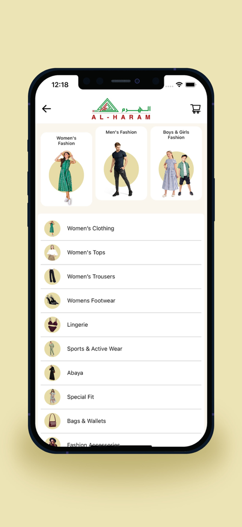 Interface of Alharamstores app showing clothing categories for women, men, and kids including abayas and accessories.