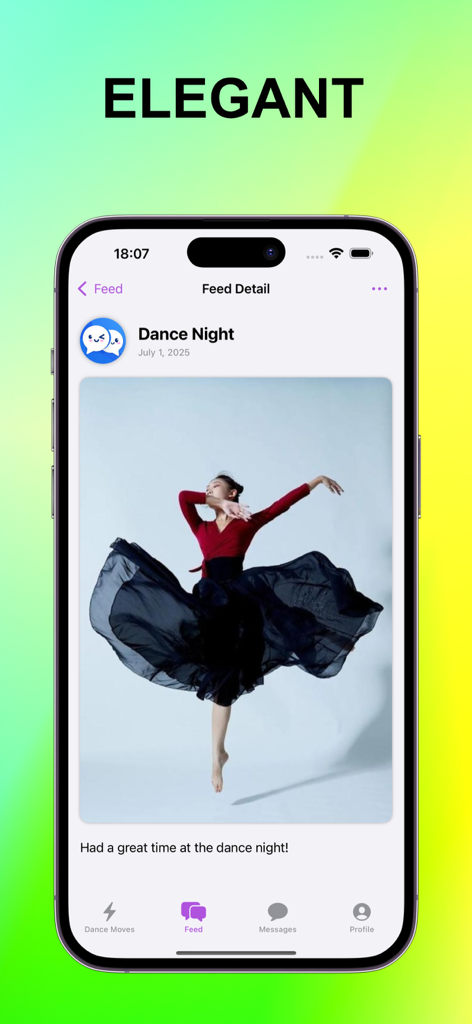 Screenshot of Toik app feed detail showing a post of a dancer performing an elegant move with the caption Had a great time at the dance night