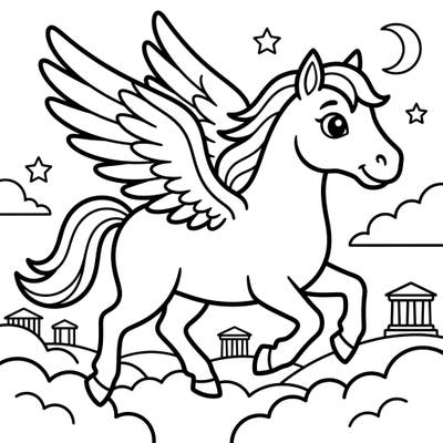 Introduce your little one to the magic of mythological creatures with this charming Pegasus coloring page. Designed with thick lines and large areas, it's perfect for toddlers to develop their motor skills and creativity.