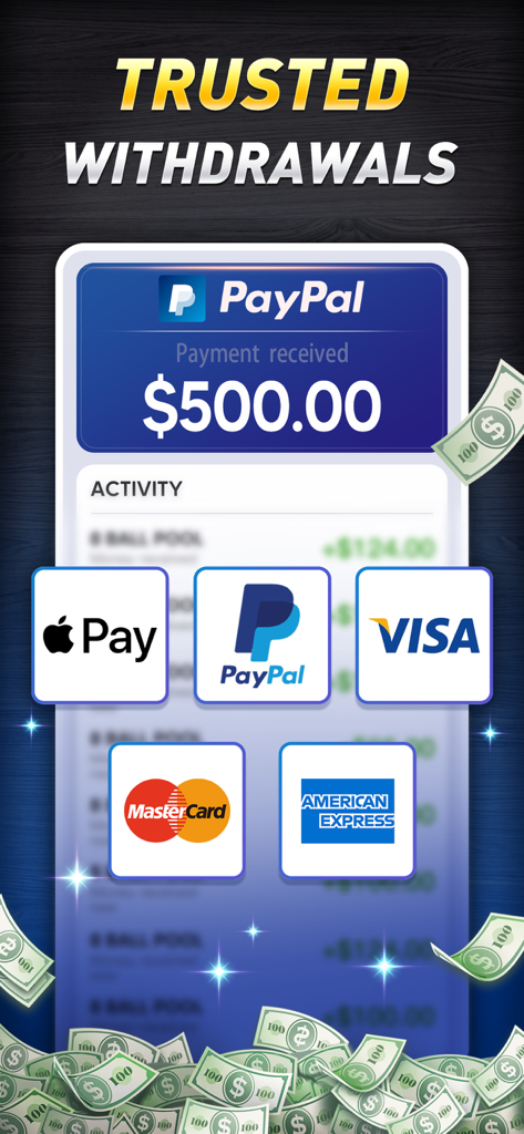 Pool Cash - 8 Ball Game - Pool Cash 8 Ball game trusted withdrawal interface showing PayPal Apple Pay and credit card logos