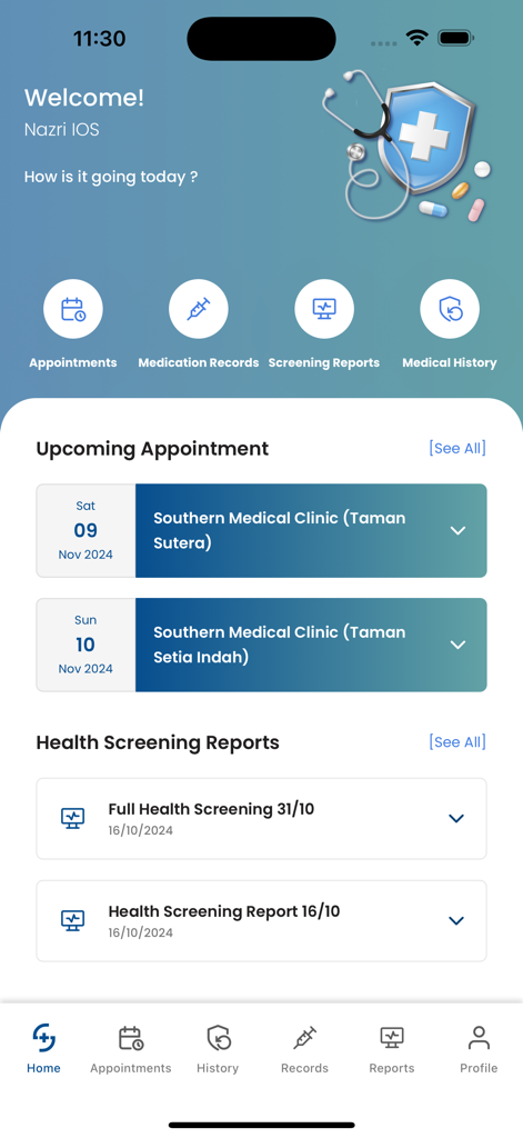 Southern Health App - Southern Health App dashboard showing upcoming medical appointments and recent health screening reports