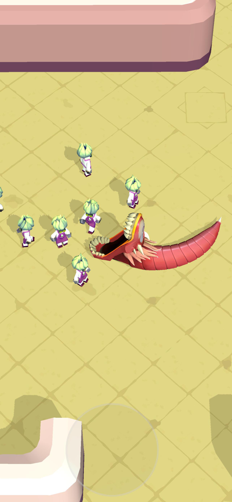 A large red alien worm devouring human characters in the Planet-Eater mobile game.