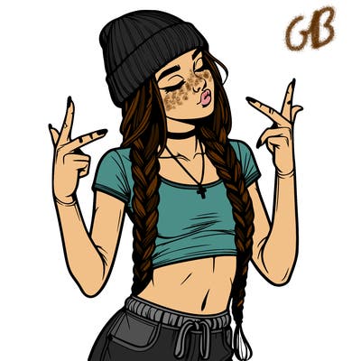 realistic teenage girl with braids and a beanie and crop top doing 🫶🏼
