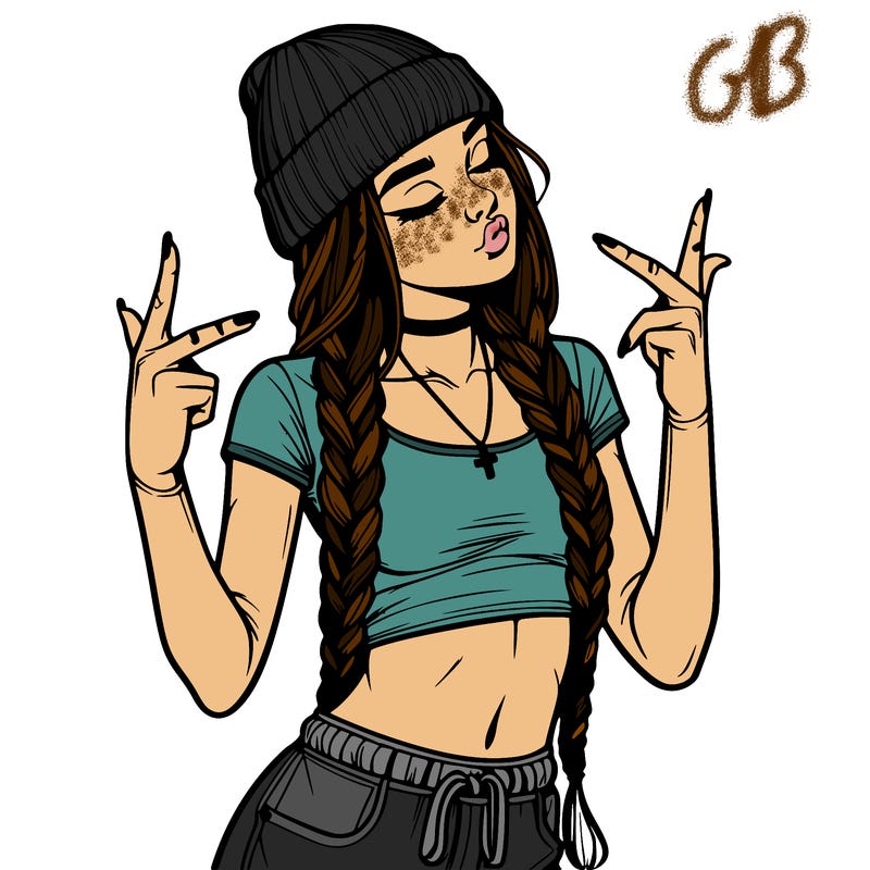 realistic teenage girl with braids and a beanie and crop top doing 🫶🏼