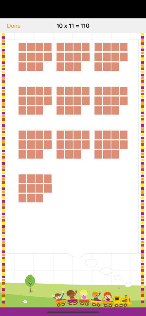 Educational screen showing 10 times 11 multiplication with visual block groups and a cartoon train