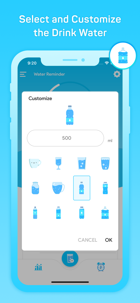Daily Reminder + Water Tracker - A mobile app interface displaying options to select and customize water drink containers with different sizes and icons.