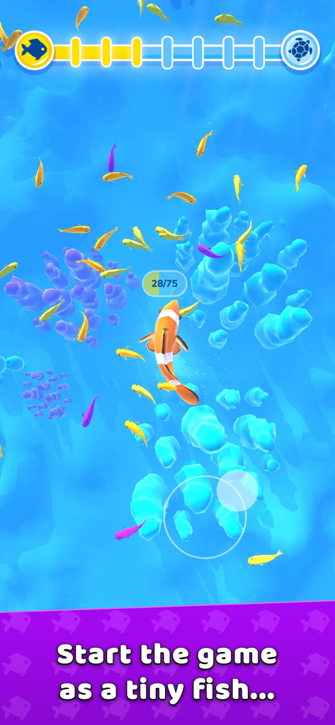 Hyper Evolution - Jugabilidad de Hyper Evolution mostrando un pez naranja nadando en un entorno submarino con peces más pequeños y una barra de progreso