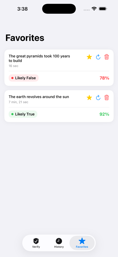 Truth Finder AI - Truth Finder AI app favorites screen showing saved fact-check results with truth scores.