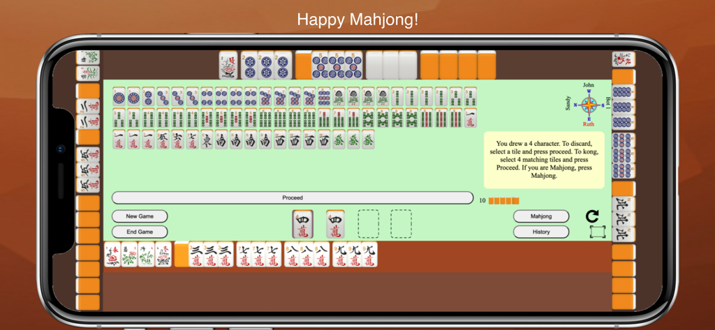 Mobile gameplay of Mahjong 4 Friends showing an active American Mahjong round with tiles, player names, and a yellow instruction bubble.