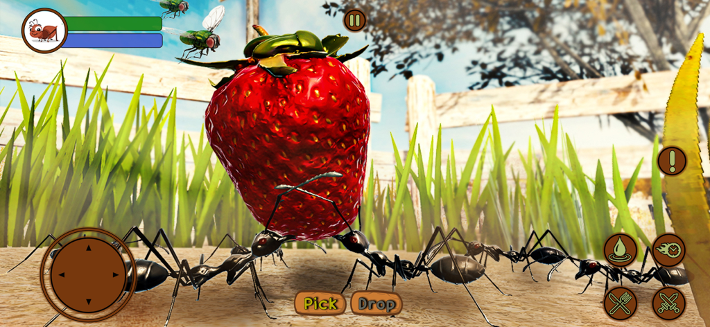Ant Insect Life Survival War - Eine Gruppe von Ameisen in einem 3D-Simulationsspiel, die eine riesige Erdbeere in ihre Kolonie tragen.