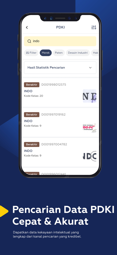 Portal DJKI - Screenshot of the Portal DJKI app showing trademark search results for the term indo with registration details and logos