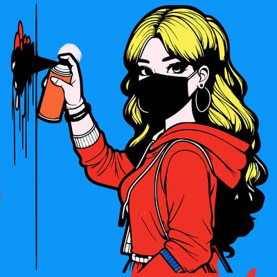 realistic girl with mask spray painting a wall