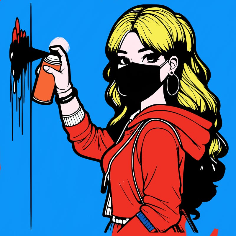 realistic girl with mask spray painting a wall