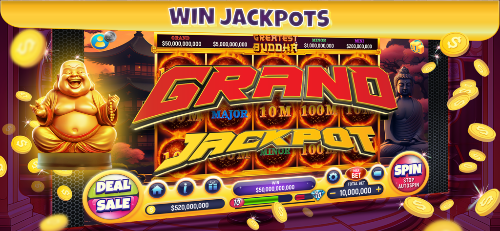 NG Slot Vegas Casino Games app screenshot showing a massive Grand Jackpot win on the Greatest Buddha slot machine