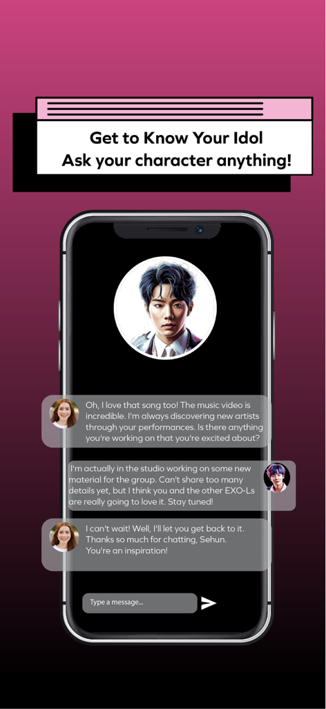 Kpop Idol Chat: AI Idols - Chat screen displaying a conversation between a fan and an AI K-pop idol character.