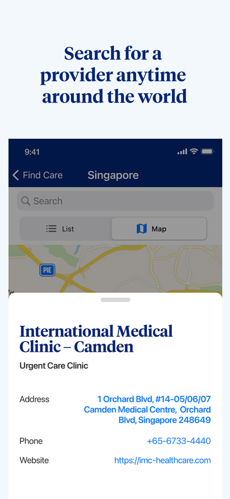 Recurso Encontrar Cuidados do aplicativo UHC Global mostrando detalhes de um prestador de Clínica Médica Internacional em Singapura