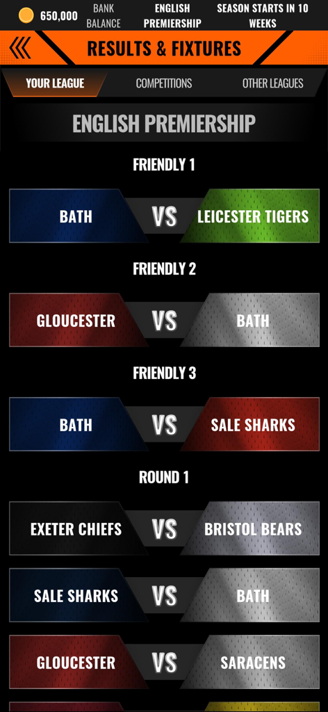 Rugby Manager 26 - Interfaz de la aplicación Rugby Manager 26 que muestra la pantalla de Resultados y Partidos de la liga Premiership inglesa.