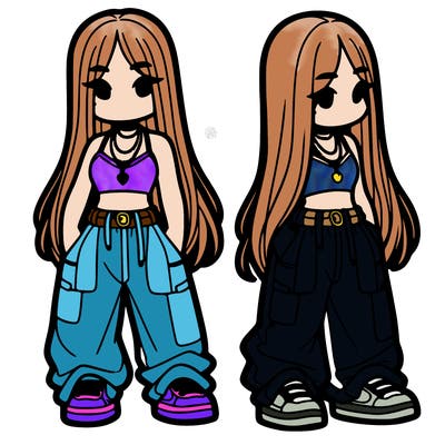 girl in baggy pants crop top and long hair