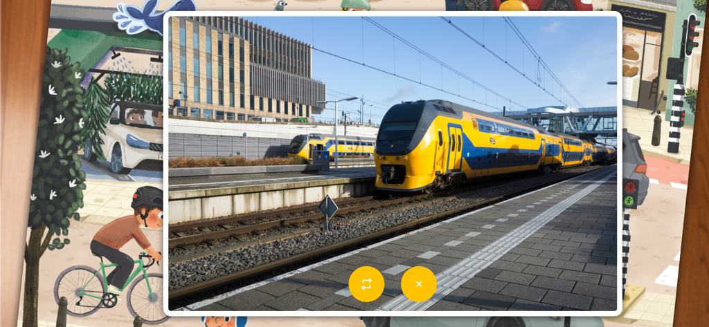 Real video of a yellow train at a station displayed on top of a children illustration in the Rolf Connect app