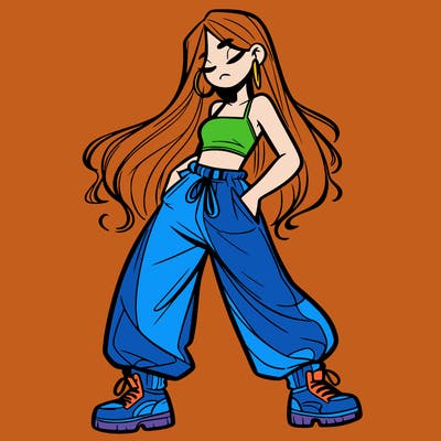 girl in baggy pants crop top and long hair
