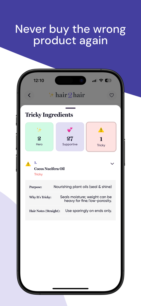 hair2hair - Hair Care Scanner - Una pantalla móvil de la aplicación hair2hair que muestra un análisis detallado de ingredientes con categorías principales, de soporte y problemáticas.