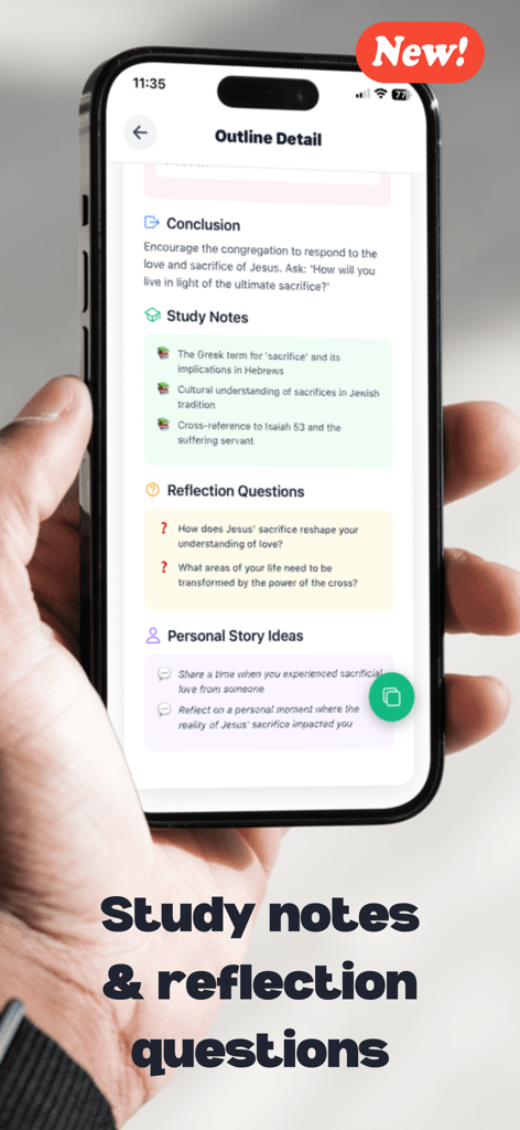 Sermon Assist - Pantalla del iPhone que muestra notas de estudio del sermón y preguntas de reflexión en la aplicación Sermon Assist