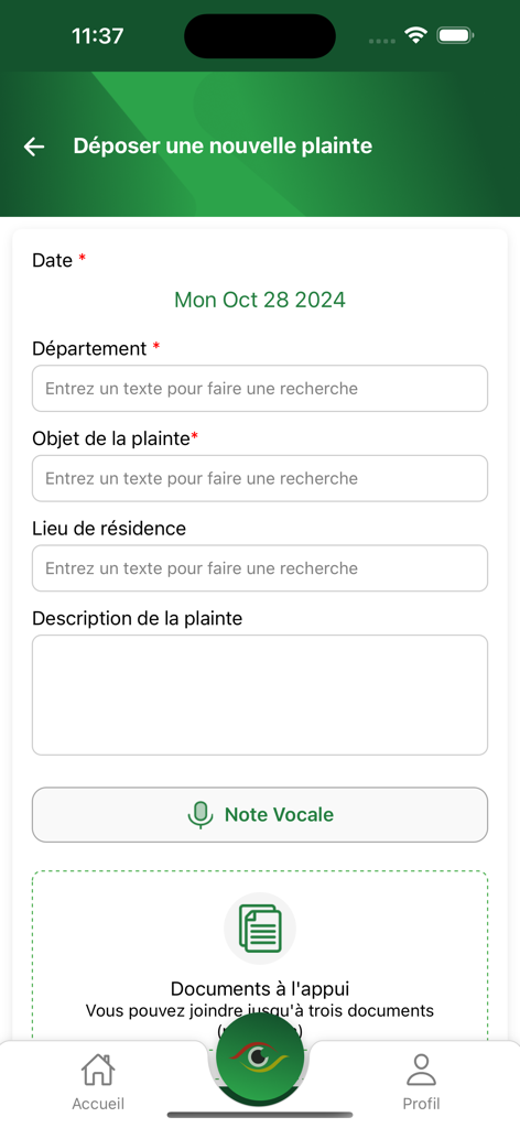 Interface do aplicativo KHIDMATY mostrando um formulário para registrar uma nova reclamação administrativa