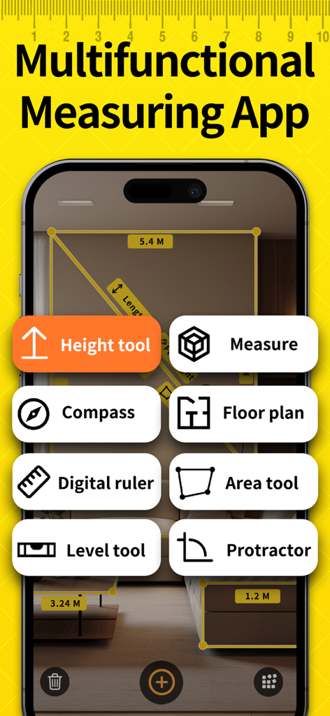 A smartphone displaying various digital tools including height tool, floor plan, area tool, and level tool within an AR measuring application.