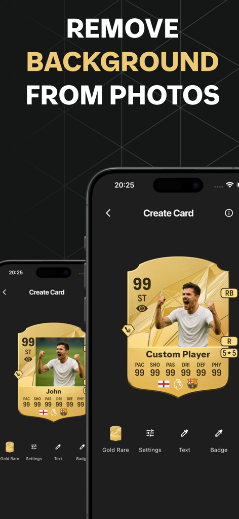 FUT Cards: FC Card Creator - Demonstration of the background removal feature in the FC Card Creator app for custom football cards