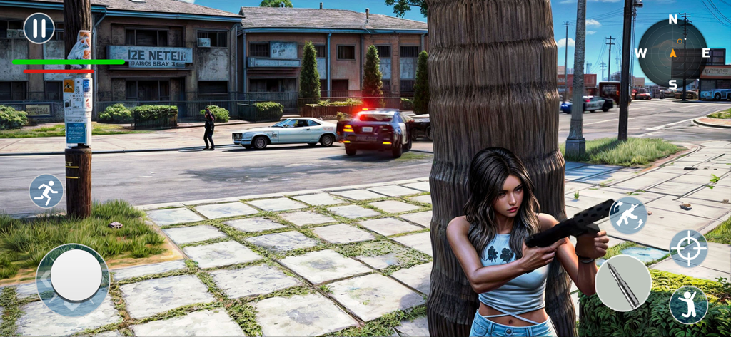 Gang Games : Crime City War 3D - A female character hiding behind a tree with a gun in an urban street scene