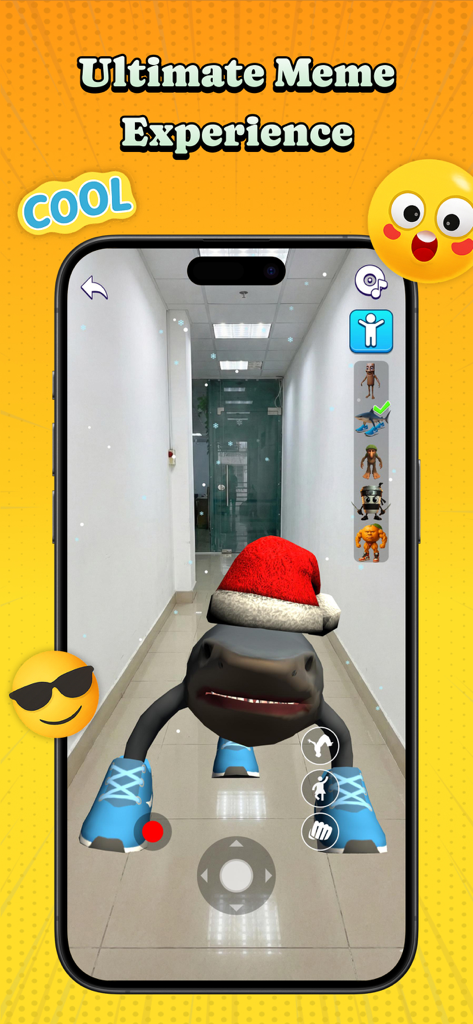 Italian Brainrot Soundboard AR - Augmented reality view of a meme shark character wearing a Santa hat and sneakers in a hallway.