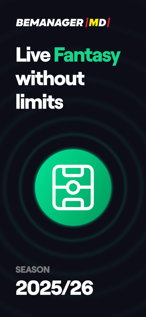 BEMANAGER - Fantasy Soccer - BEMANAGER app splash screen showing the 2025-2026 fantasy soccer season title and pitch icon