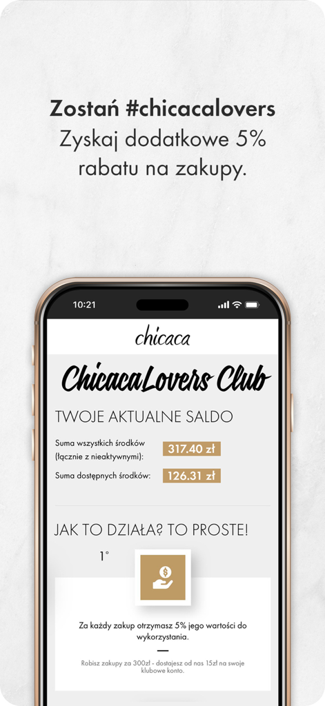 Chicaca.pl - Chicaca app dashboard showing loyalty club balance and 5 percent cashback rewards for shopping