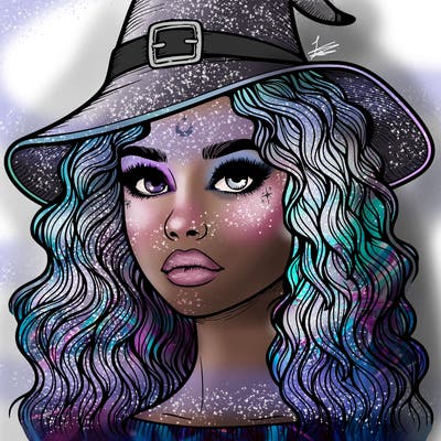 realistic girl with wavy hair a witch hat and a nose and lips and eyes