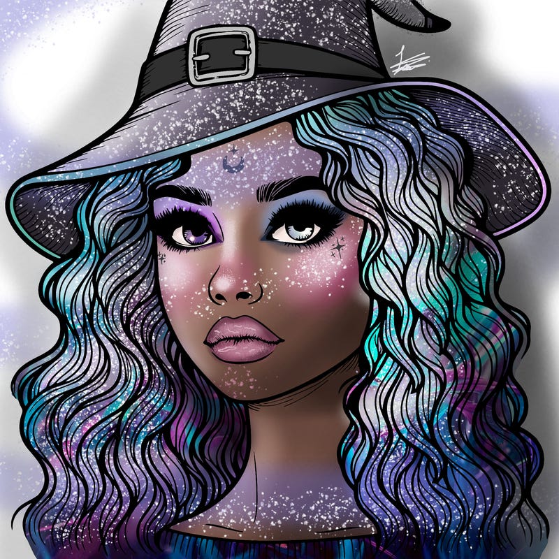 realistic girl with wavy hair a witch hat and a nose and lips and eyes