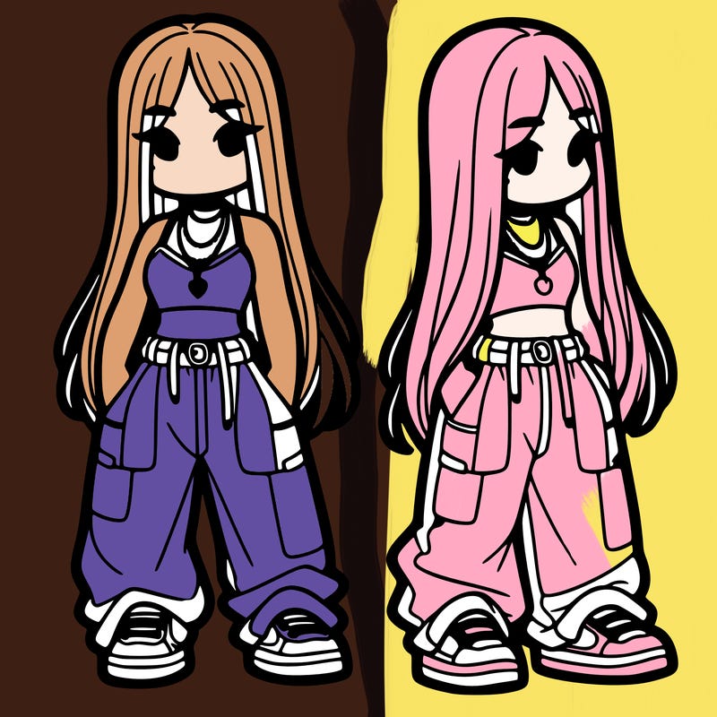 girl in baggy pants crop top and long hair