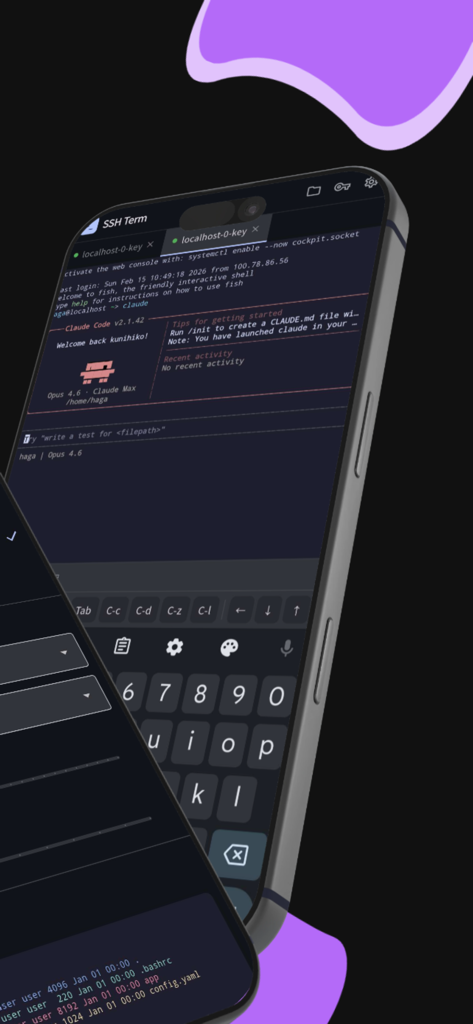 SSH Term X mobile app interface showing a terminal session with Claude Code and custom developer keyboard on an iPhone