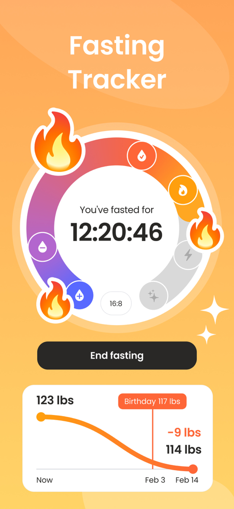 Intermittent fasting app interface featuring a countdown timer and a weight loss progress graph