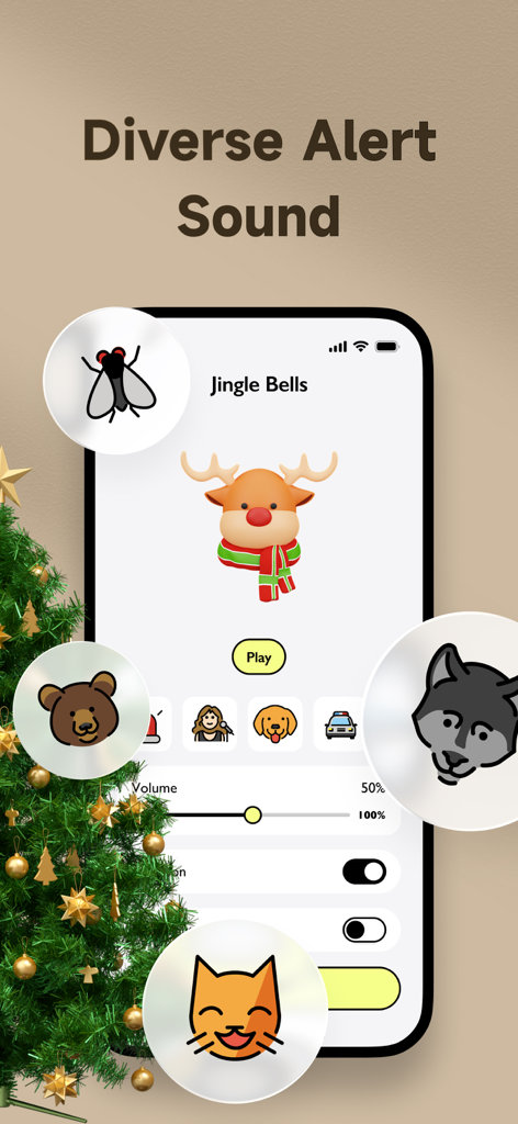Clap Finder: Find My Device - Interfaz de la aplicación Clap Finder que muestra una variedad de opciones de sonidos de alerta de animales y festivos para localizar un teléfono extraviado