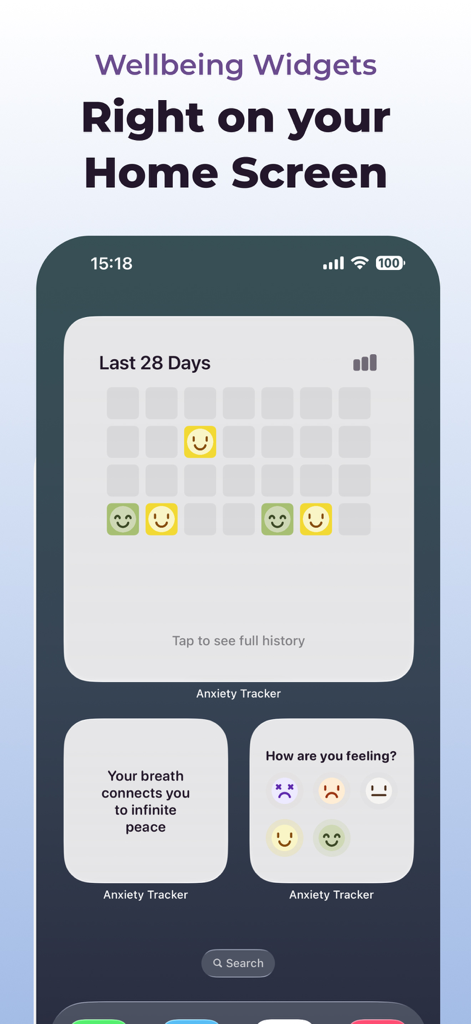 Anxiety Tracker: Mood Journal - Widgets de bienestar en una pantalla de inicio para seguimiento del estado de ánimo y afirmaciones diarias.