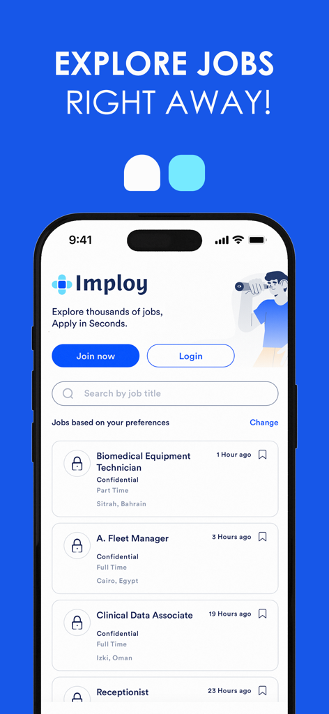 Imploy - Imploy mobile app interface showing the explore jobs screen with a search bar and job listings